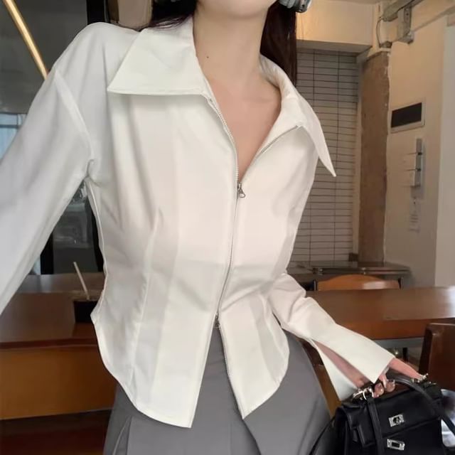 Cloud Nine-Long-Sleeve Plain Zip Slim Fit Shirt