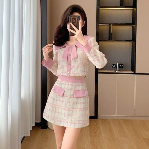 Pink plaid skirt and jacket set best sale