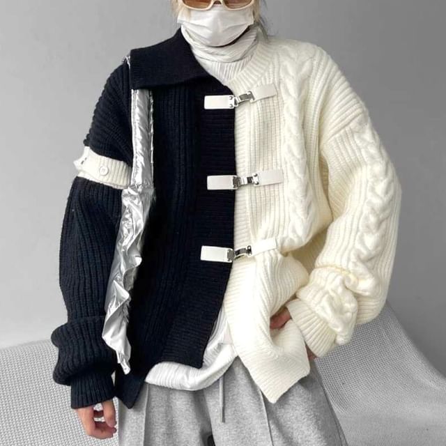Real Boy-Two Tone Asymmetrical Buckled Cardigan