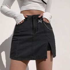 BrickBlack - Side-Slit Denim Mini Pencil Skirt