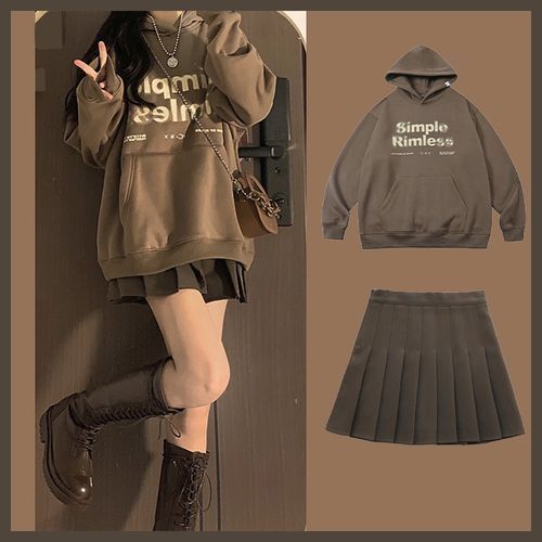 Apotheosis Lettering Hoodie Pleated Mini Skirt Set YesStyle