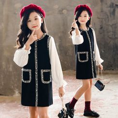 PAM - Kids Balloon-Sleeve Tweed Trim A-Line Dress PAM - Kids Balloon-Sleeve Tweed Trim A-Line Dress
