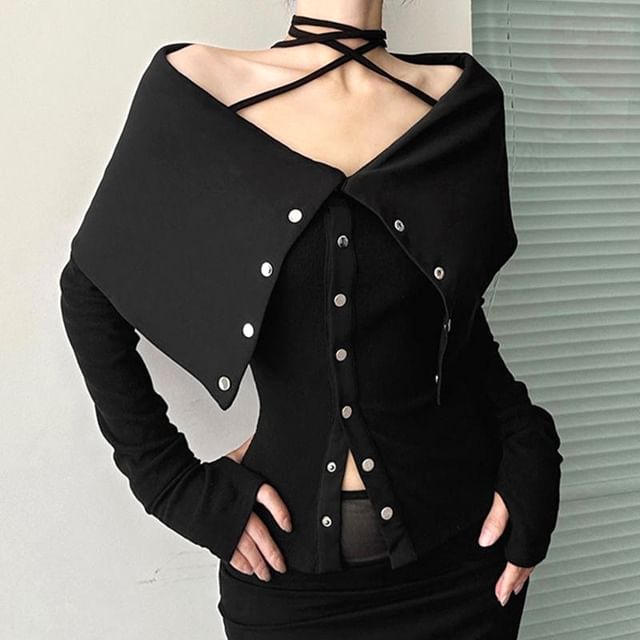 Bolgivy-Long-Sleeve Cold Shoulder V-Neck Plain Button Up Top
