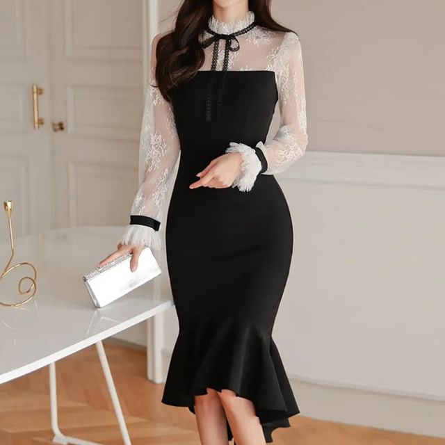 ISMY - Mock Two-Piece Long-Sleeve Asymmetrical Lace Panel Midi