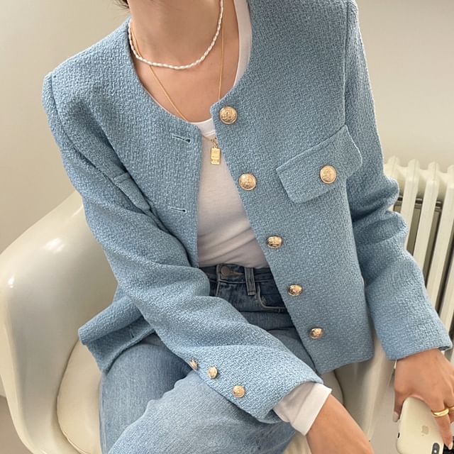 Jesong-Round Neck Plain Tweed Button Jacket