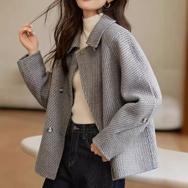 Acoustic Rain-Collar Melange Double-Breasted Jacket