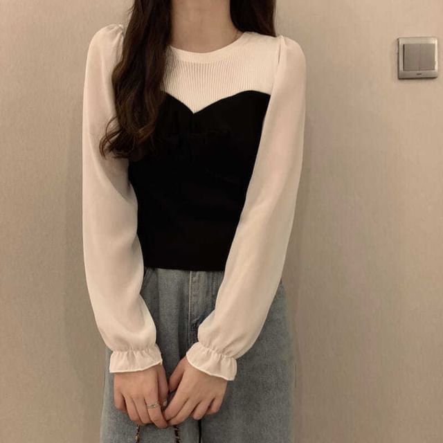 Sisyphi-Long-Sleeve Crewneck Two Tone Top