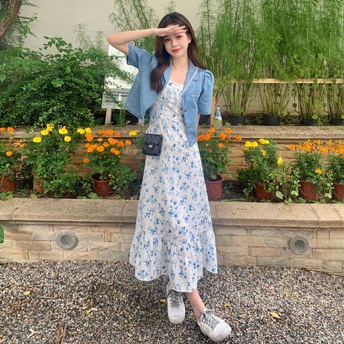 Yellow Floral Midi Floral Print Dress With Denim Jacket Sugardance
