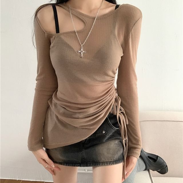 Beem-Long-Sleeve Plain Asymmetrical Cutout Drawstring Tee