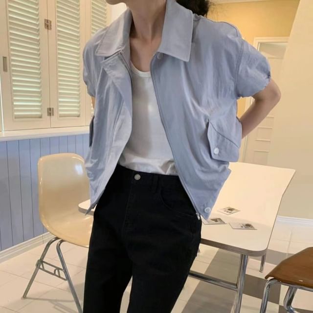 Jesong-Short-Sleeve Collared Zip-Up Plain Jacket