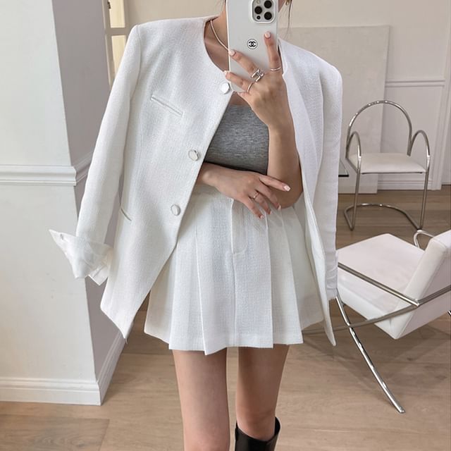 Jesong-Crew Neck Button-Up Plain Jacket High Waist Pleated Mini A-Line Skirt
