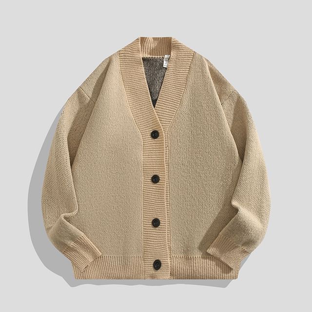 purplelouve-V-Neck Plain Button-Up Cardigan