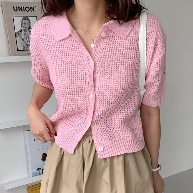 Coris-Short-Sleeve Collar Plain Button Knit Top