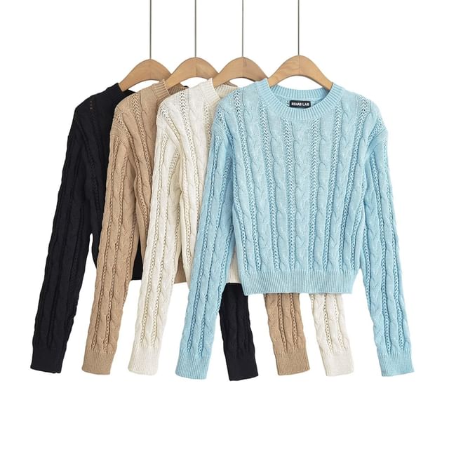 Ulark-Round Neck Plain Cable Knit Crop Sweater