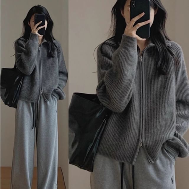 Beaustreet-Long-Sleeve Double Zip Plain Knit Cardigan