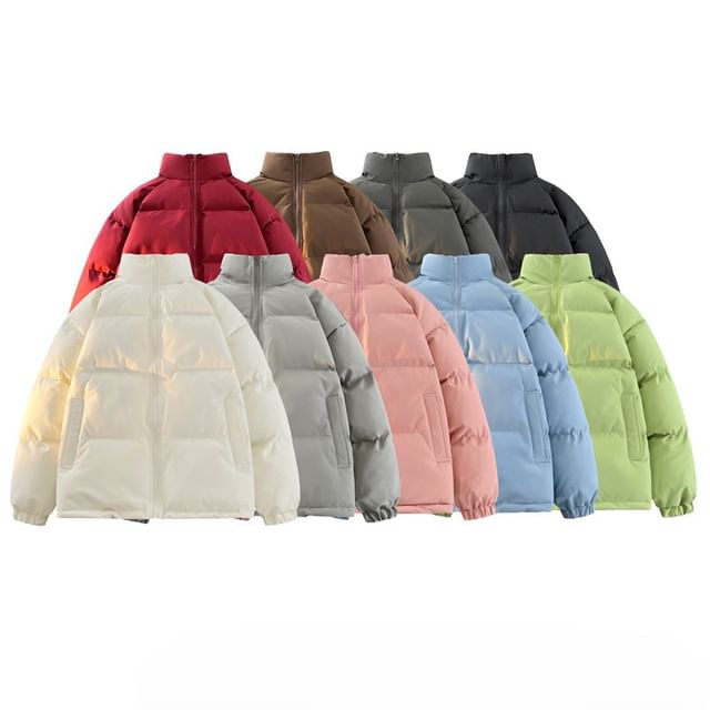 Aozora-Stand Collar Plain Zip Puffer Jacket