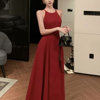 Fioridi-Spaghetti Strap Plain Maxi A-Line Dress
