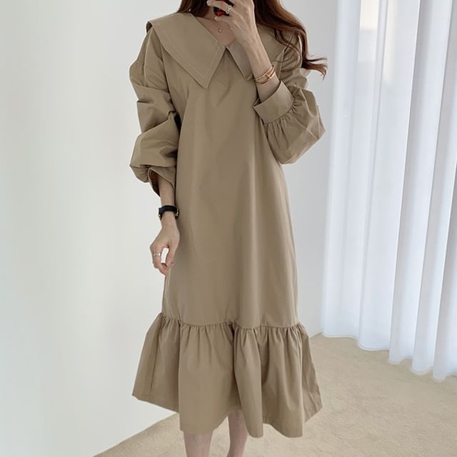 Sienne-Long-Sleeve Collared Plain Midi A-Line Dress