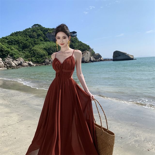Faiar-Spaghetti Strap Plain Midi Sundress