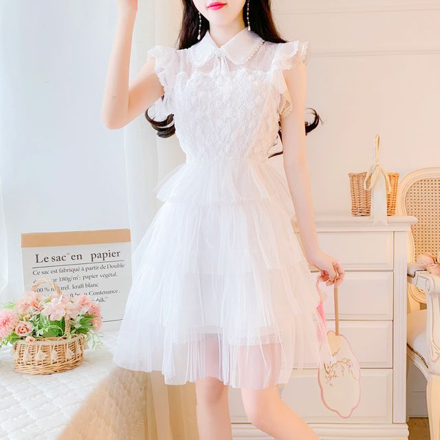 chinese dress ladies Miss Circle Women Paola White Peter Pan Collar Beaded Sequin Mermaid Midi Dress main image 0