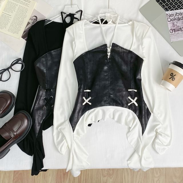 Iasia-Long Sleeve Square Neck Tie-Up Ruffle Panel Top