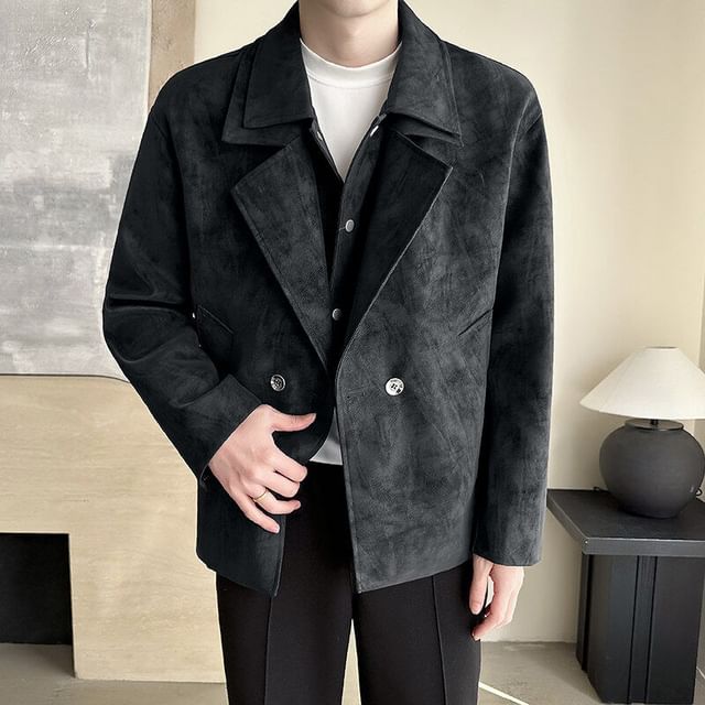 VEAZ-Faux Leather Double-Breasted Blazer