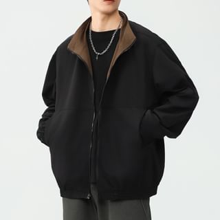 Nataro-Stand Collar Plain Zip Up Jacket