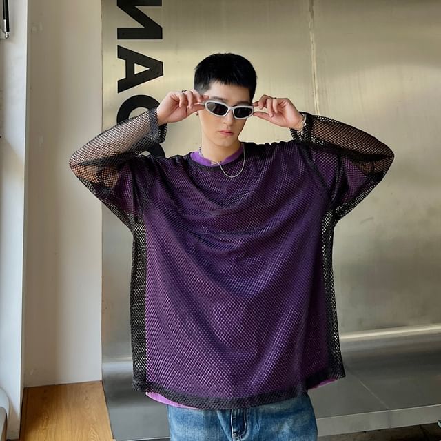 Real Boy-Long-Sleeve Round Neck Plain Fishnet Top