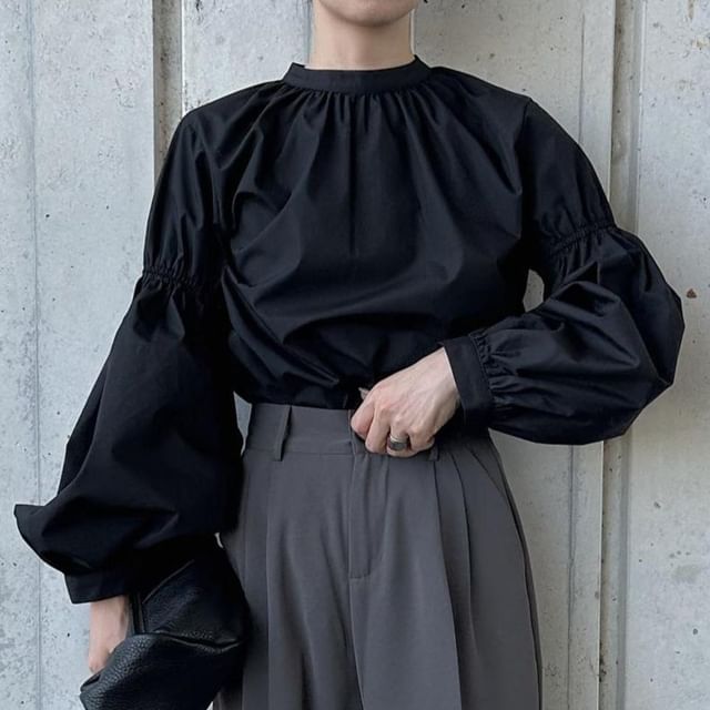 Lucuna-Long Sleeve High Neck Plain Blouse