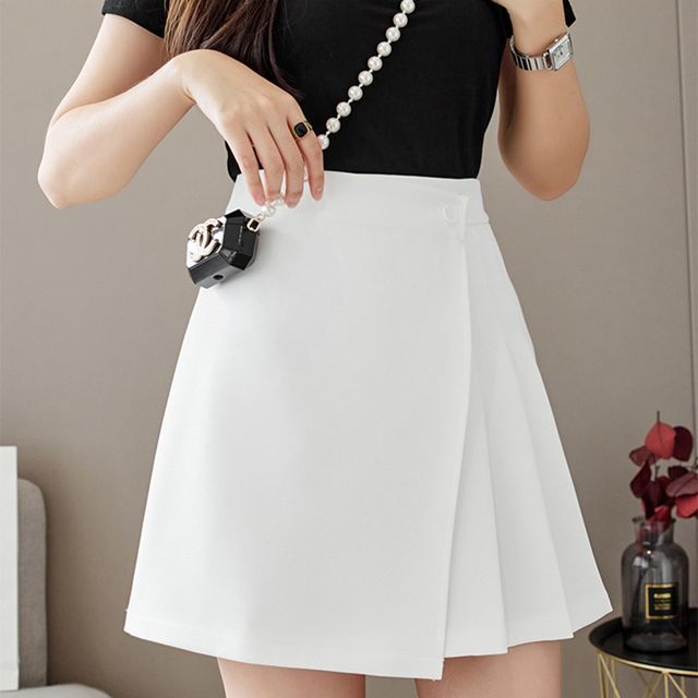 Everose-High Rise Plain Pleated Panel Mini A-Line Skirt