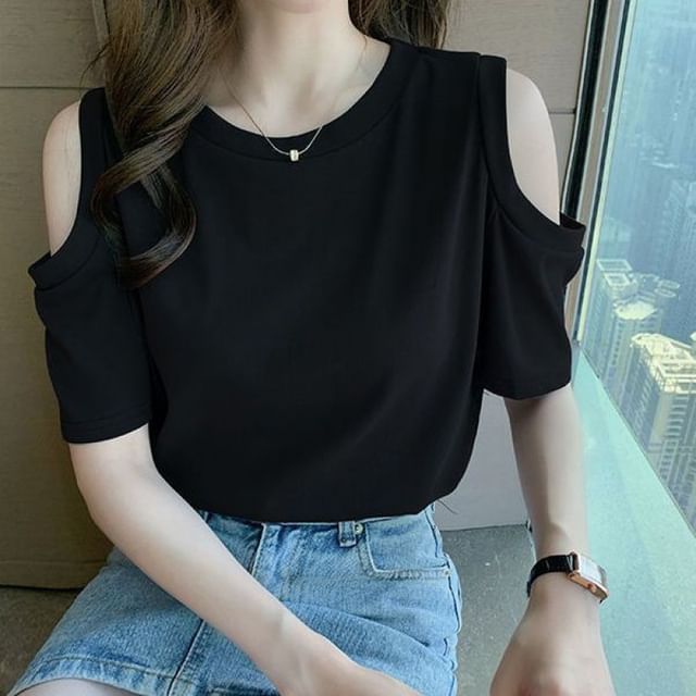 Sienne-Elbow-Sleeve Crew Neck Cold Shoulder Plain Tee