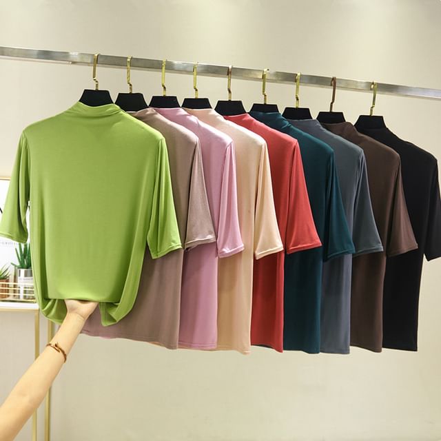 KUMI-Mock-Neck Elbow-Sleeve T-Shirt