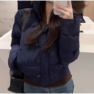 Trendycas-Plain Hooded Fluffy Trim Padded Button Jacket