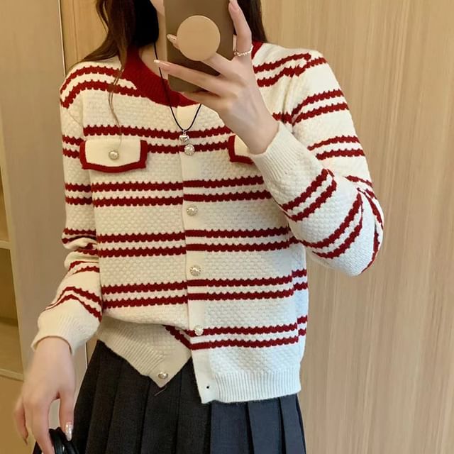 Odestra-Crewneck Striped Button-Up Cardigan