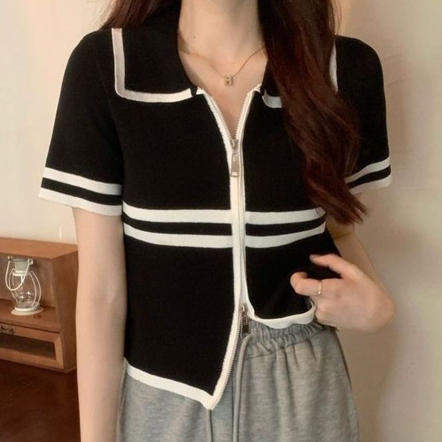 Allinya-Short-Sleeve Collared Two Tone Zip-Up Crop Knit Top