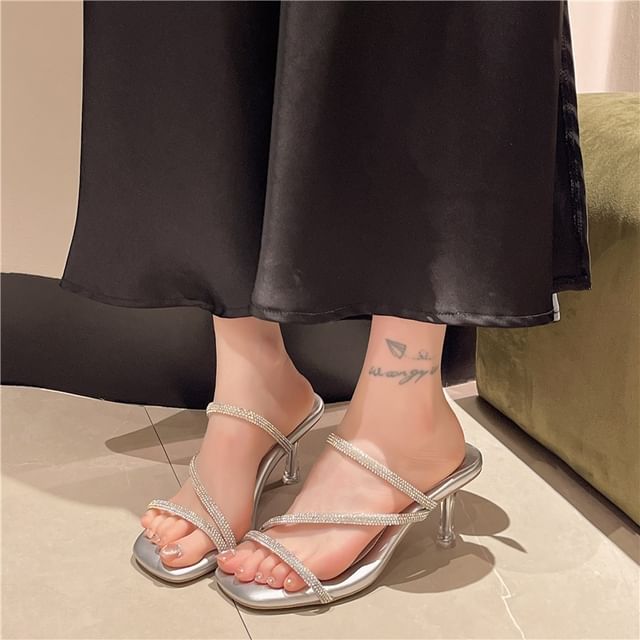 Anjay-Low Heel Rhinestone Slide Sandals