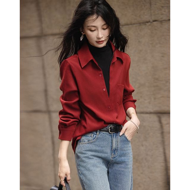 Jeonseon-Mock Two-Piece Long-Sleeve Mock Neck Collared Two Tone Button-Up Blouse