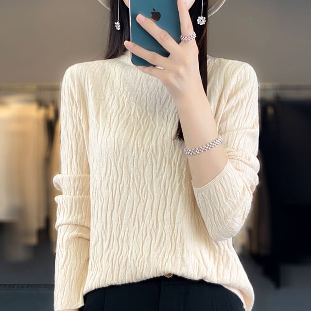 Weelop-Long Sleeve Crew Neck Plain Texture Sweater