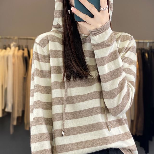 Weelop-Long Sleeve Hooded Drawstring Striped Sweater
