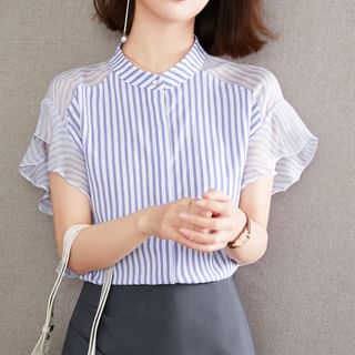 Dragan Pulse Flutter Sleeve Band Collar Striped Blouse