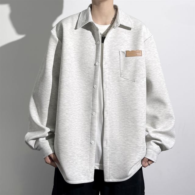 YIKES-Lapel Collar Plain Pocket Button Shirt