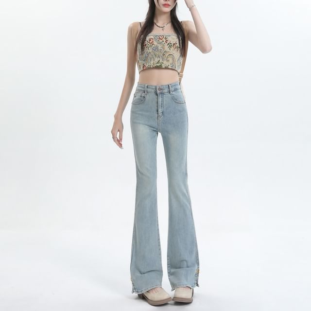 Denimot-High Rise Washed Slit Bootcut Jeans Various Designs