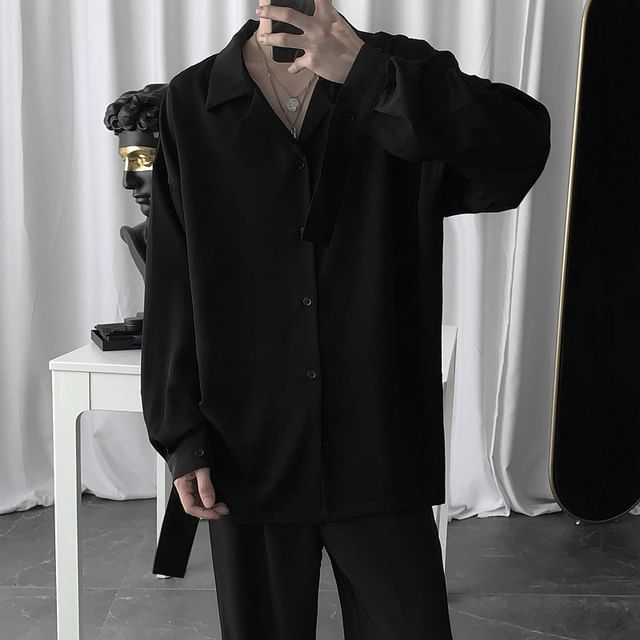 Macho-Long Sleeve Collared Plain Shirt
