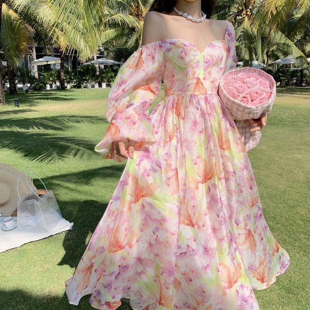 12th Tone - Bell-Sleeve Floral Maxi Chiffon Dress