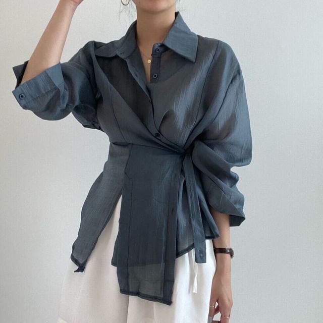 Bigfol-Long-Sleeve Plain Asymmetrical Sashed Shirt