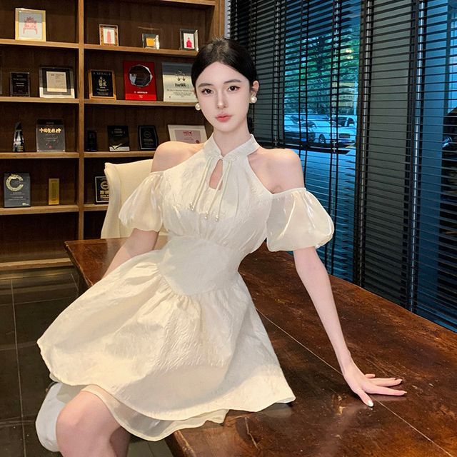 Puff-Sleeve Halter Off-Shoulder Dress