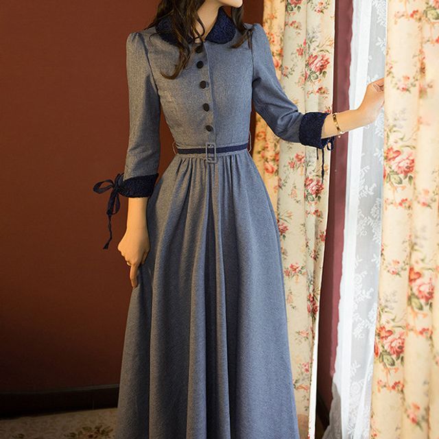 knee length dresses for ladies 100% Linen Tailored Lapel 3/4 Sleeve Midi Shirt Dress Mercedes, Mustard Green / XXL