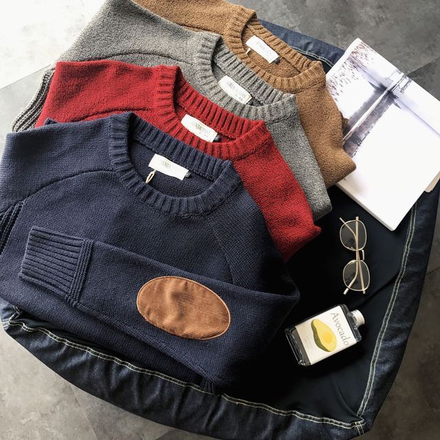 Wewewow-Crew Neck Elbow Patch Sweater