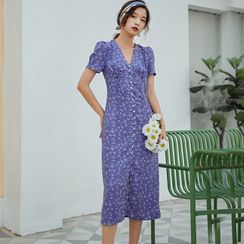 BOHEME - Floral Print Short-Sleeved Midi A-Line Dress