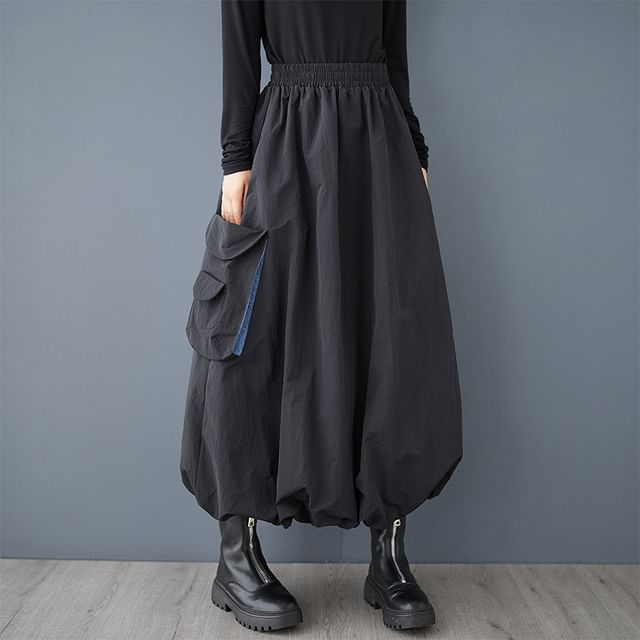 Lewwe - Elastic Waist Panel Denim Maxi Balloon Cargo Skirt